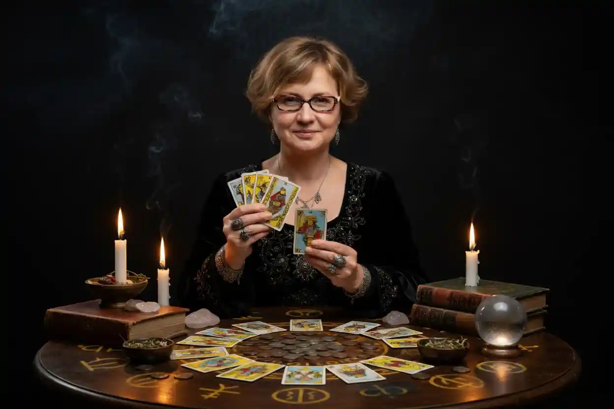 Обряд гадания на Таро — гадалка проводит эзотерический ритуал при свечах