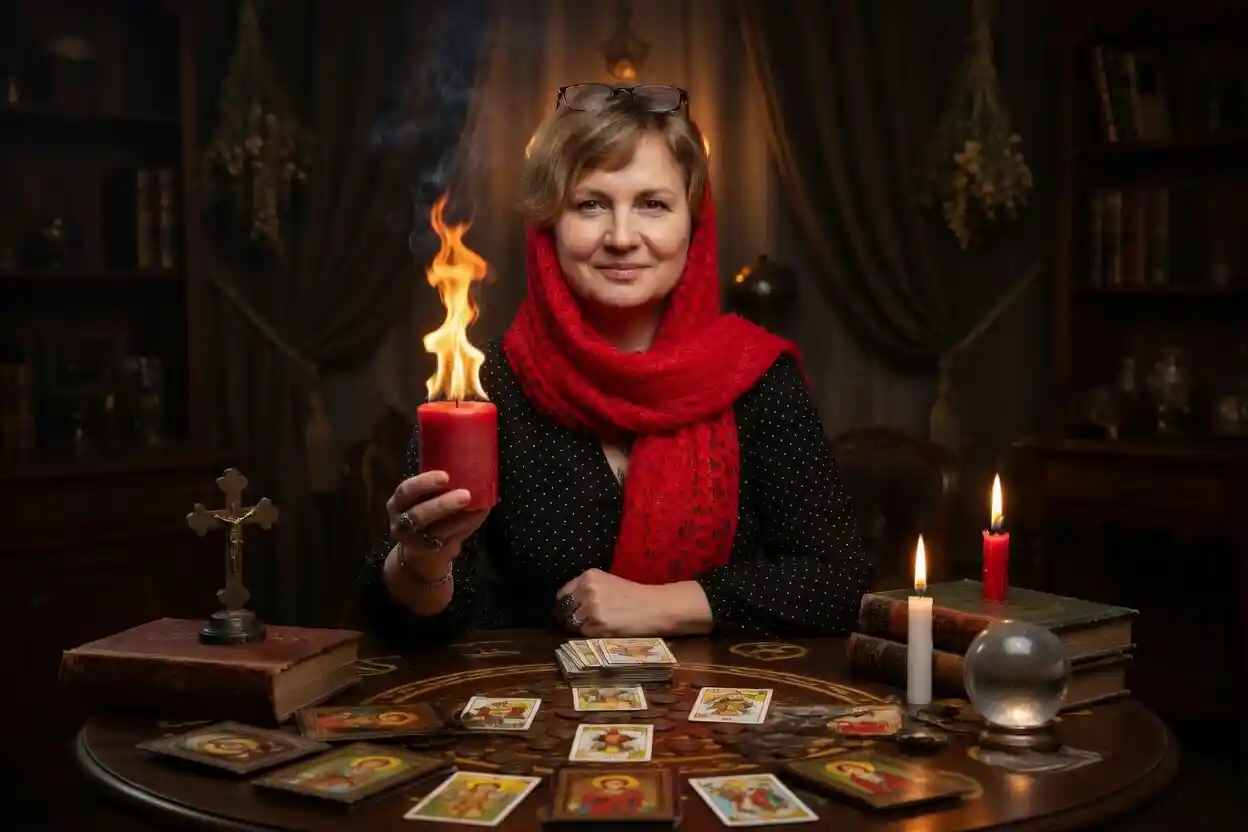 Обряд гадания на Таро — гадалка проводит эзотерический ритуал при свечах